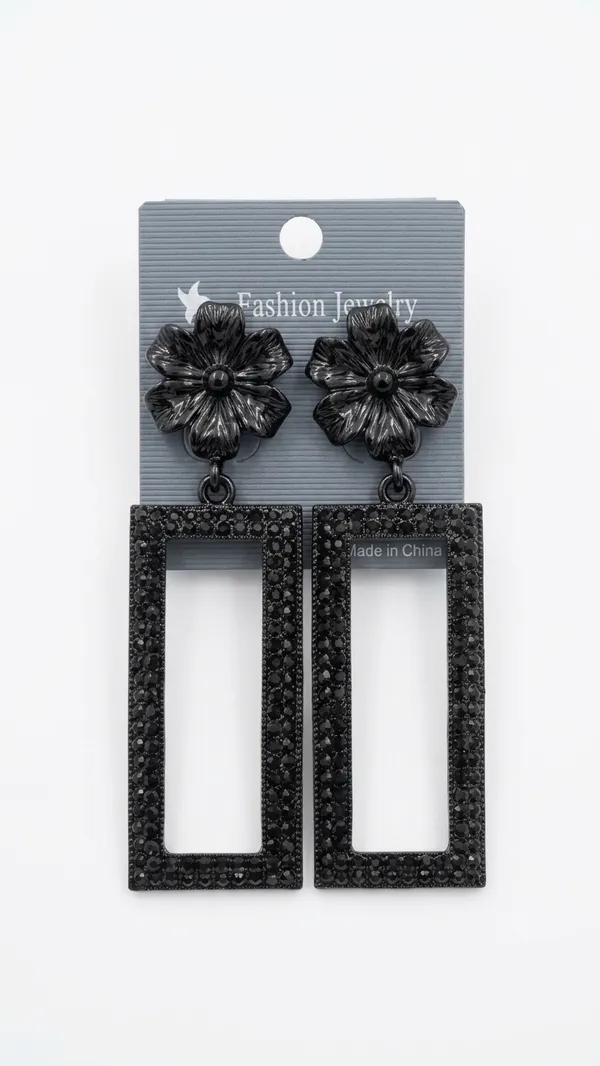 Midnight_Black_Floral_Rectangular_Drop_Earrings_–_Glossy_Flower_Studs_with_Crystal-Encrusted_Geometric_Dangles