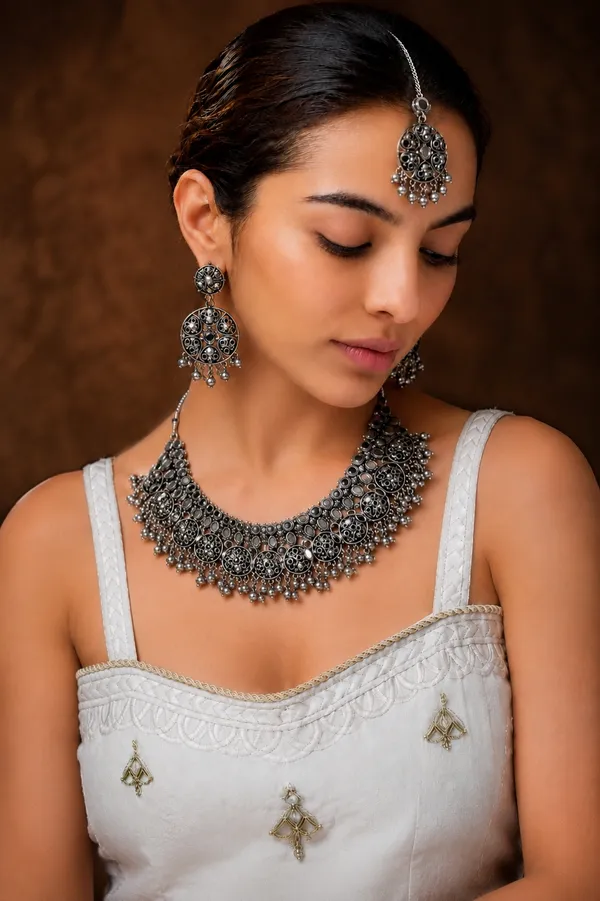 Oxidised_Silver_Traditional_Choker_Necklace_Set_with_Earrings_&_Maang_Tikka