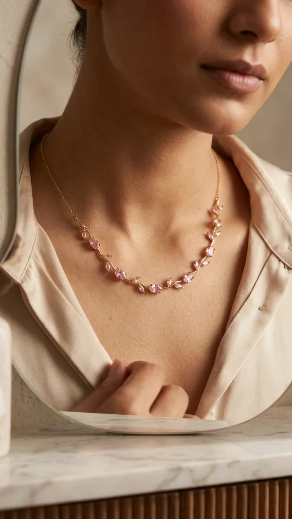 Pink_Crystal_Vine_Leaf_Necklace_in_Gold_Plating