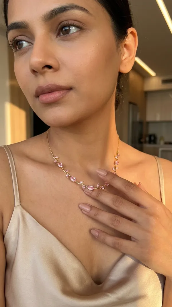 Pink_Crystal_Vine_Leaf_Necklace_in_Gold_Plating