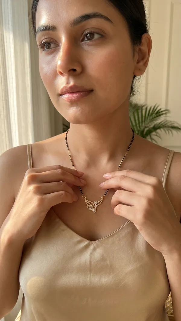 Storie_Taylor_18K_Gold-Plated_Contemporary_Cubic_Zirconia_Mangalsutra_for_Women_|_Abstract_Floral_Pendant_Short_Mangalsutra