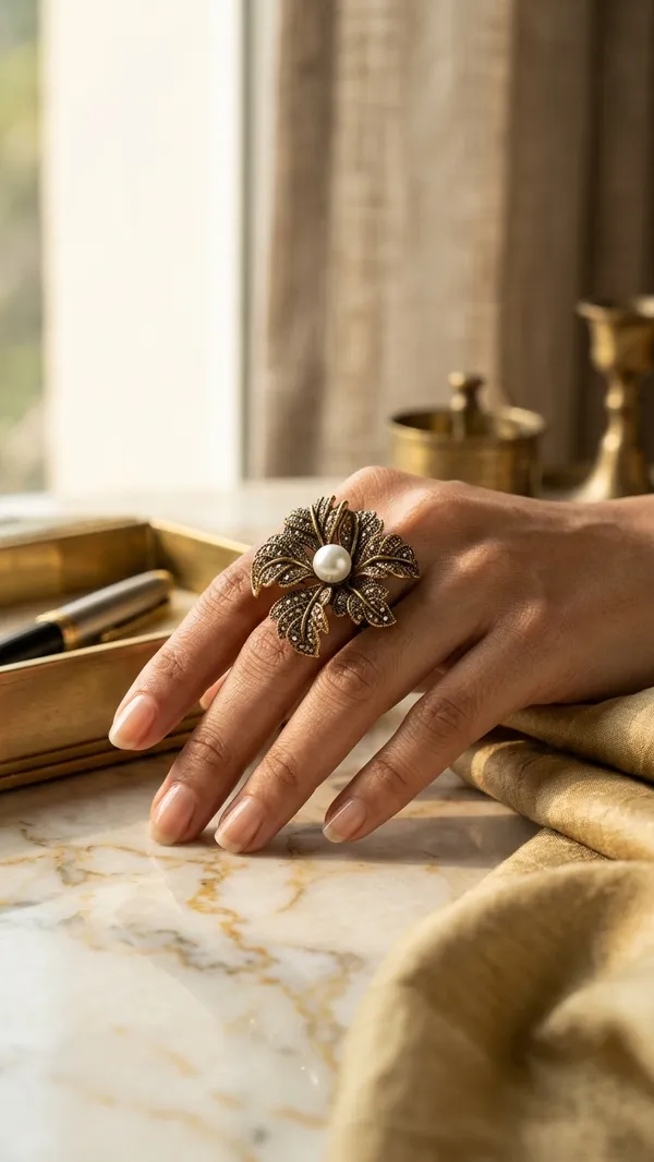 Storie_Taylor_Antique_Gold-Plated_Crystal-Encrusted_Leaf_Statement_Ring_with_Pearl