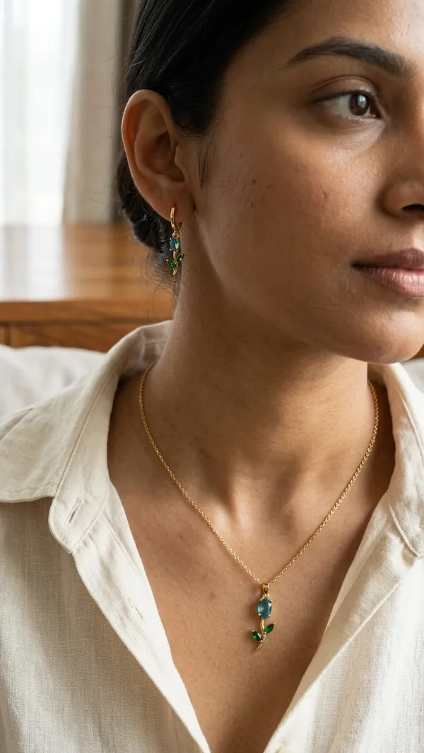 Storie_Taylor_Gold-Plated_Aquamarine_&_Emerald_Green_Crystal_Floral_Pendant_Set