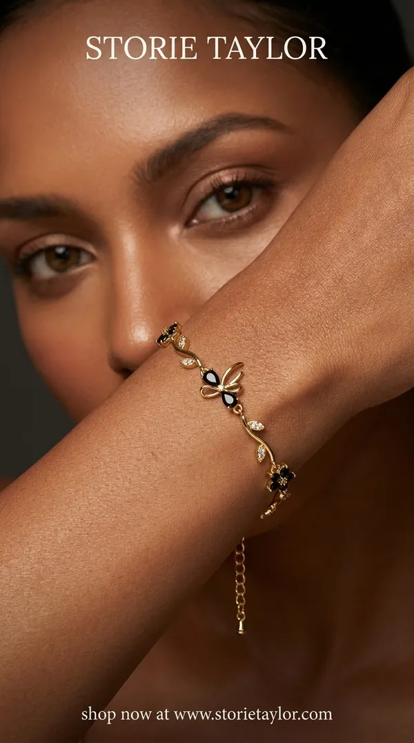 Storie_Taylor_Gold-Plated_Floral_&_Butterfly_Bracelet_with_Black_Stones