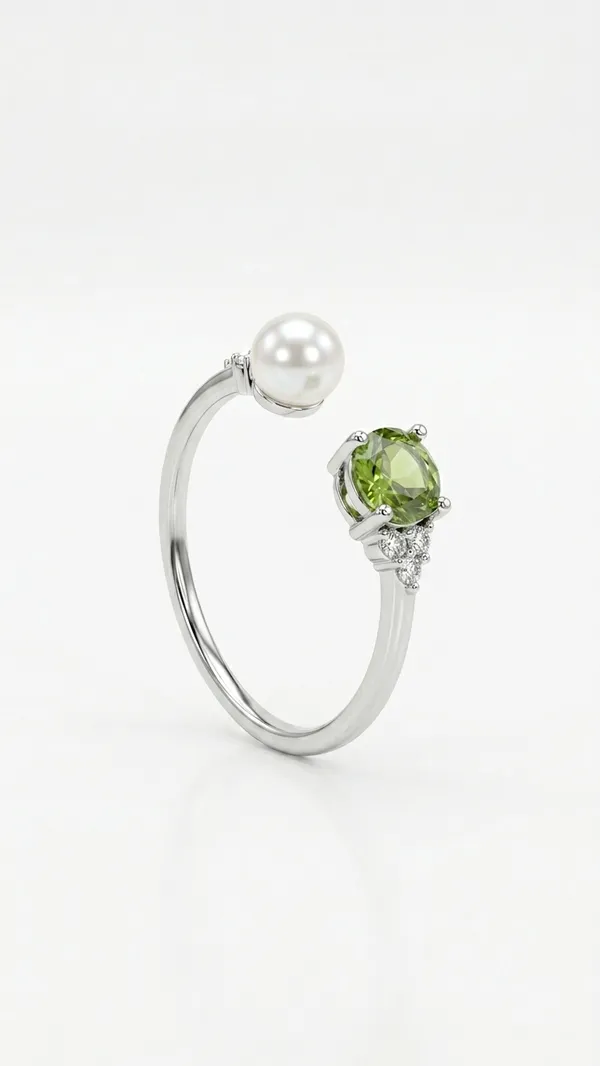 Storie_Taylor_Premium_Silver-Toned_Adjustable_Open_Ring_with_Peridot-Green_Stone_and_Shell_Pearl