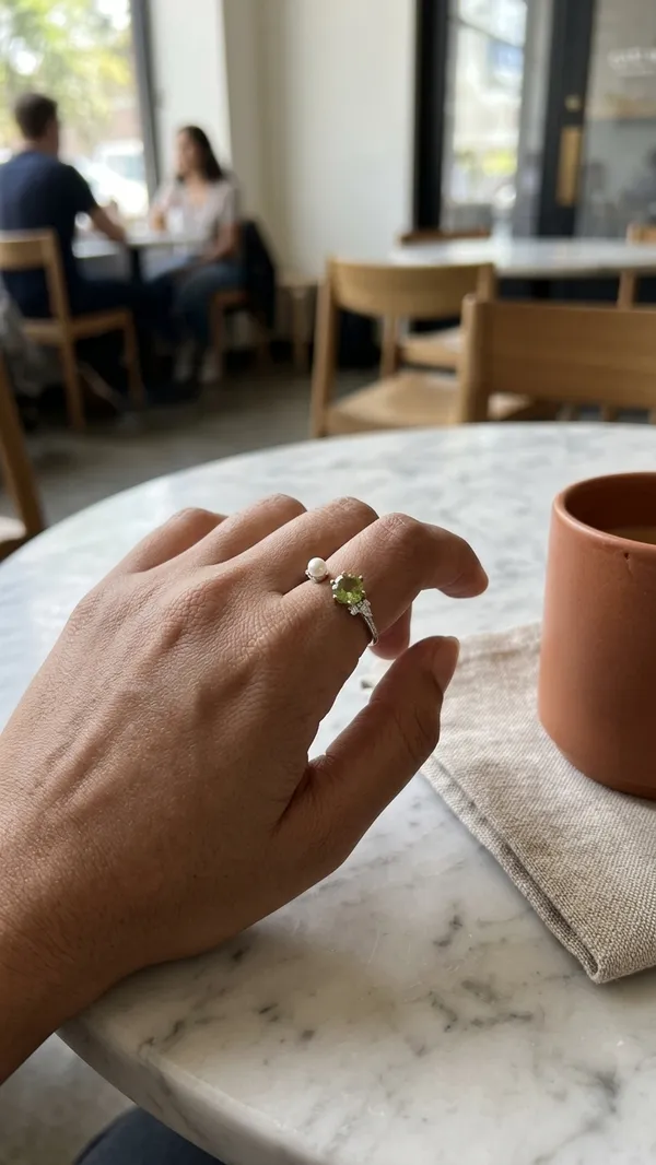 Storie_Taylor_Premium_Silver-Toned_Adjustable_Open_Ring_with_Peridot-Green_Stone_and_Shell_Pearl