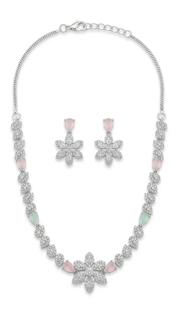 Storie_Taylor_Rhodium-Plated_American_Diamond_Floral_Necklace_Set_|_Pastel_Pink_&_Mint_Green_Stone_Jewelry_Set_with_Earrings
