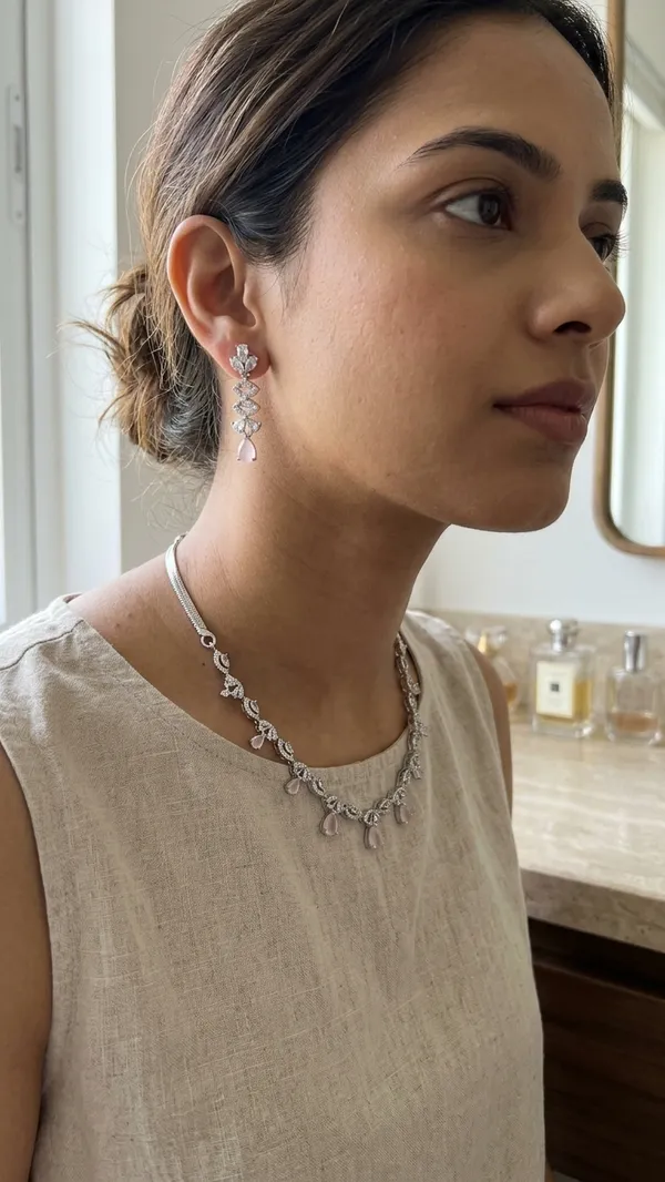 Storie_Taylor_Rhodium-Plated_Dainty_American_Diamond_Necklace_Set_|_Rose_Quartz_Pink_Pear_Stone_Jewelry_Set_with_Linear_Drop_Earrings