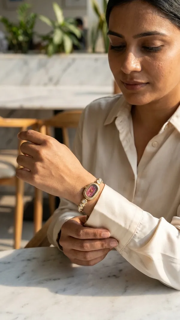 Storie_Taylor_Women_Gold-Plated_Minimalist_Oval_Maroon_Dial_Beaded_Bracelet_Watch