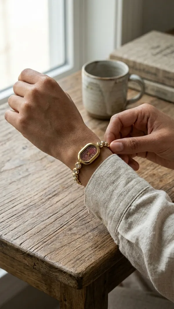 Storie_Taylor_Women_Gold-Plated_Minimalist_Oval_Maroon_Dial_Beaded_Bracelet_Watch