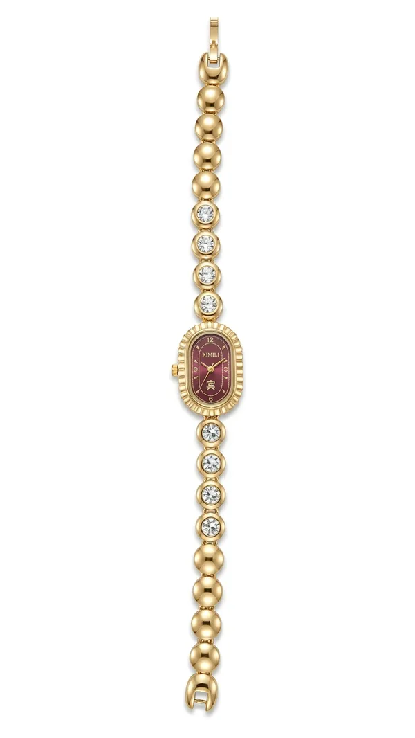 Storie_Taylor_Women_Gold-Plated_Oval_Maroon_Dial_Crystal_Beaded_Bracelet_Watch