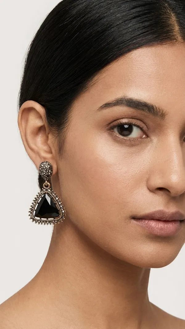 Vintage-Inspired_Noir_Triangle_Drop_Earrings_–_Antique_Gold_with_Black_Faceted_Stone