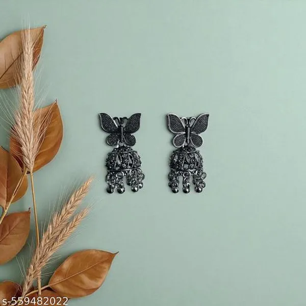 Trendy_Oxidized_Butterfly_Jhumka_Earrings_|_Antique_Silver_Plated