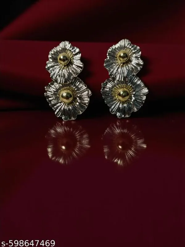 Elegant_Dual_Flower_Design_Stud_Earrings_|_Silver_And_Gold_Plated