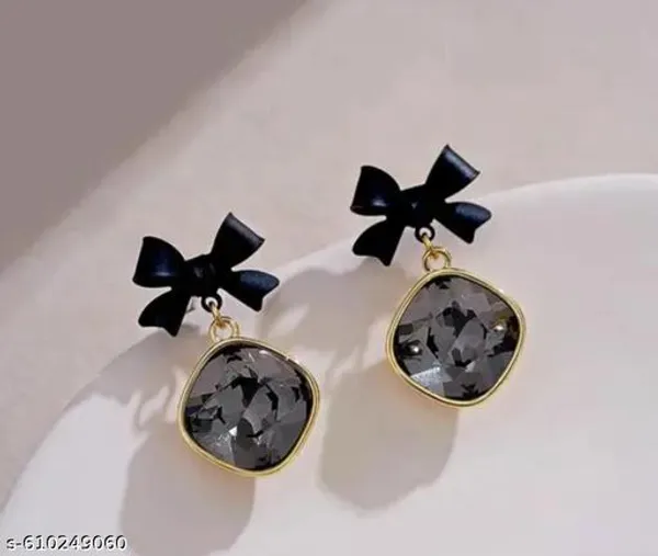 Stylish_Black_Bow_Crystal_Dangle_Earrings