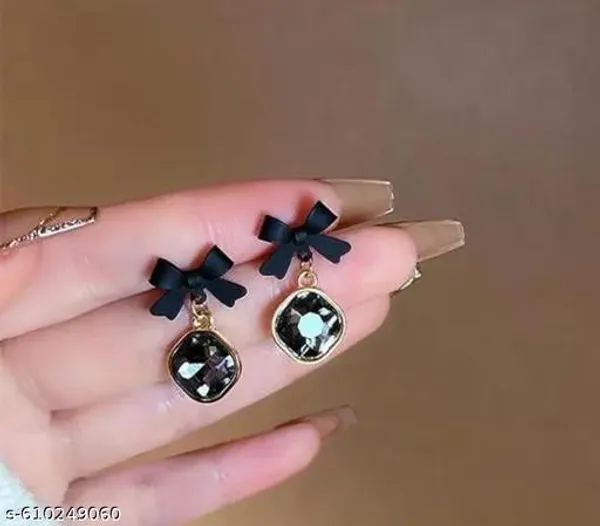 Stylish_Black_Bow_Crystal_Dangle_Earrings