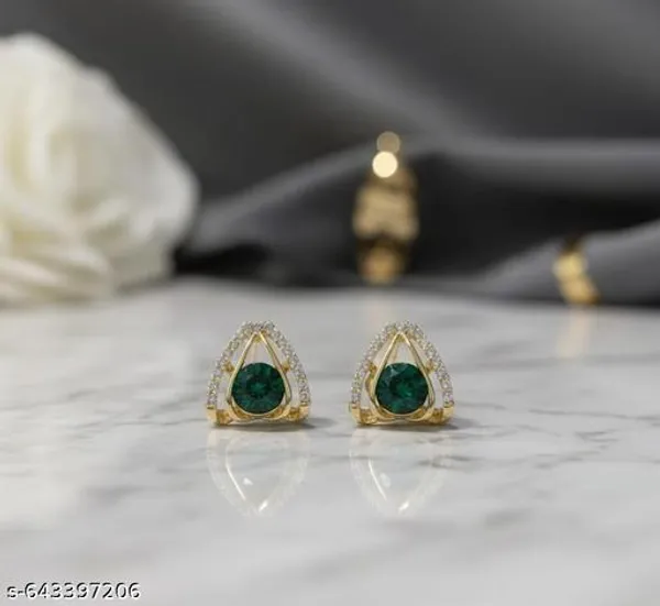 Elegant_Gold_Plated_Triangle_Stud_Earrings_With_Green_Stone