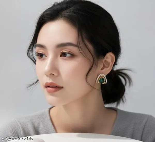 Elegant_Gold_Plated_Triangle_Stud_Earrings_With_Green_Stone