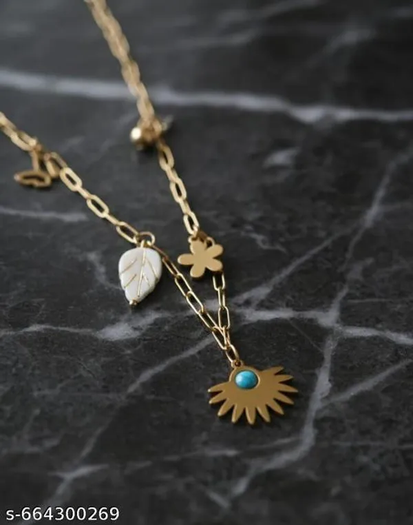 Gold_Plated_Multi_Charm_Pendant_Necklace_|_Leaf_Flower_And_Sun_Design
