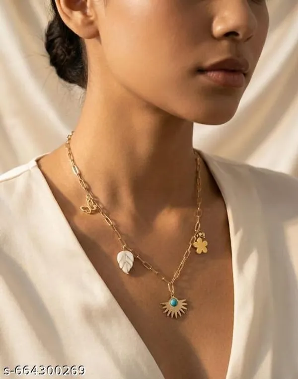 Gold_Plated_Multi_Charm_Pendant_Necklace_|_Leaf_Flower_And_Sun_Design