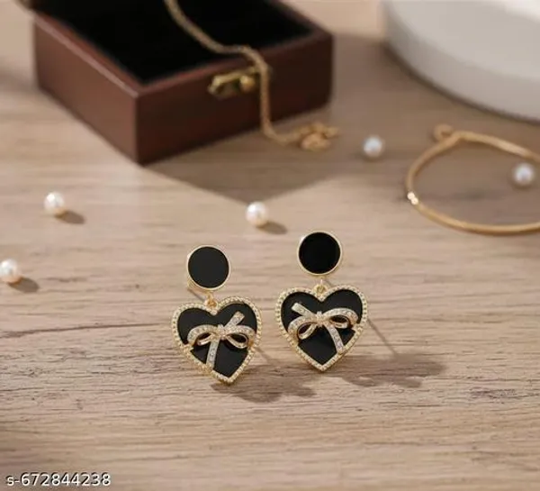 Elegant_Black_Heart_Drop_Earrings_With_Golden_Bow
