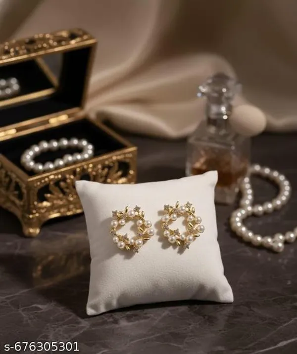 Elegant_Pearl_Floral_Stud_Earrings_With_Golden_Leaf_Design