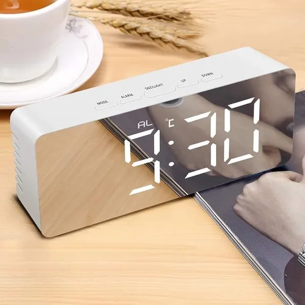 White_&_Silver_Plastic_Premium_Mirror_Clock_Digital_Clock