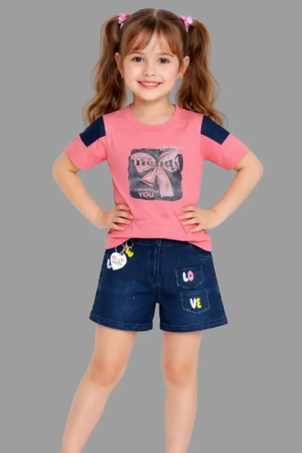Pink_Petal_And_Deep_Ocean_Blue_Print_Tshirt_With_Denim_Shorts_For_Kids_Girl