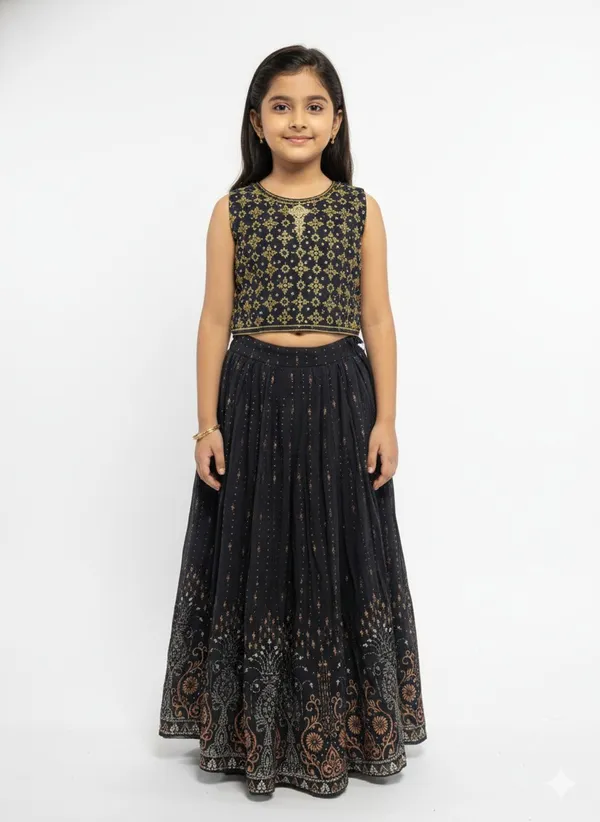 Gold_Royal_Midnight_Lehenga_Set_For_Kids_Girl
