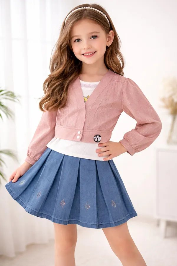 Blush_Pink_Cardigan_Style_Top_With_Denim_Pleated_Skirt_Set_For_Kids_Girl