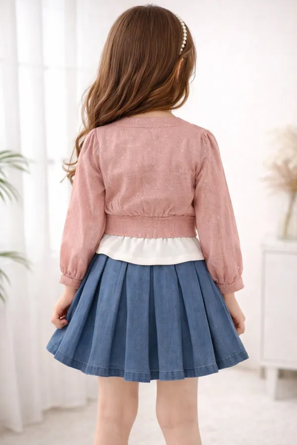 Blush_Pink_Cardigan_Style_Top_With_Denim_Pleated_Skirt_Set_For_Kids_Girl