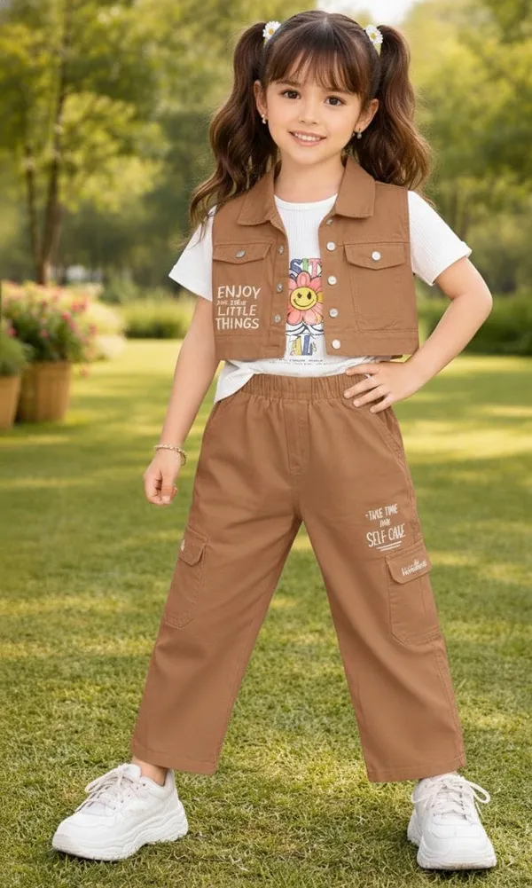 Brown_Trendy_Co_Ord_Set_With_Graphic_Tee_For_Kids_Girl