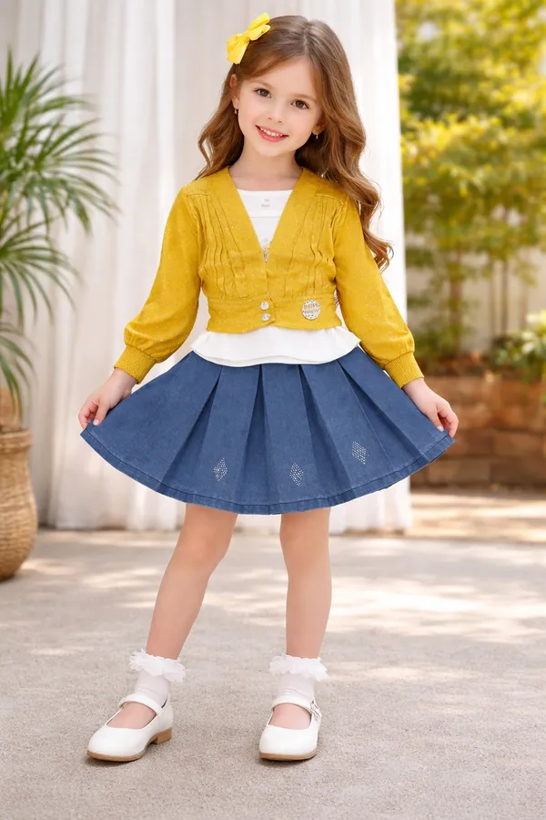Mustard_Cardigan_Style_Top_With_Denim_Pleated_Skirt_Set_For_Kids_Girl