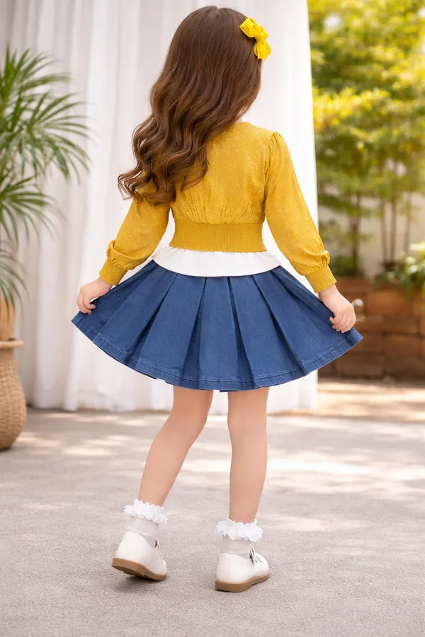 Mustard_Cardigan_Style_Top_With_Denim_Pleated_Skirt_Set_For_Kids_Girl