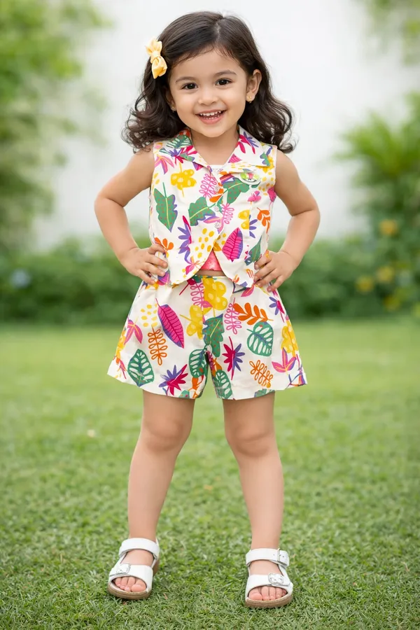Ivory_Multicolor_Tropical_Leaf_Print_Co_Ord_Set_Top_And_Shorts_For_Kids_Girl