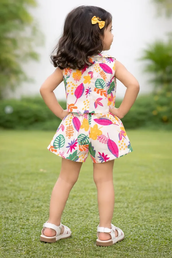 Ivory_Multicolor_Tropical_Leaf_Print_Co_Ord_Set_Top_And_Shorts_For_Kids_Girl