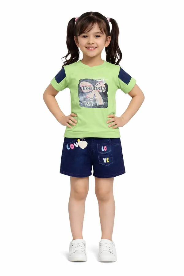 Lime_Green_Fresh_Mint_Bow_Print_Top_With_Denim_Shorts_Set_For_Kids_Girl