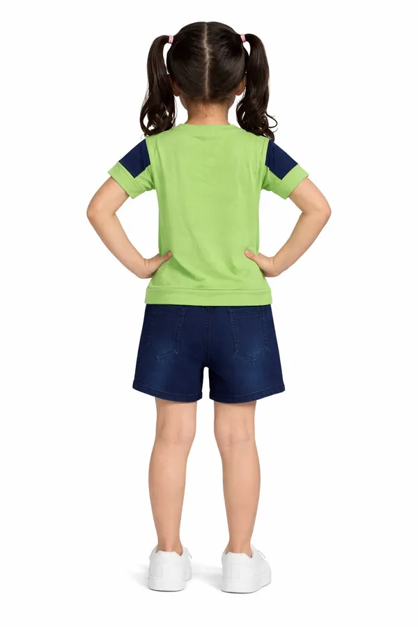 Lime_Green_Fresh_Mint_Bow_Print_Top_With_Denim_Shorts_Set_For_Kids_Girl