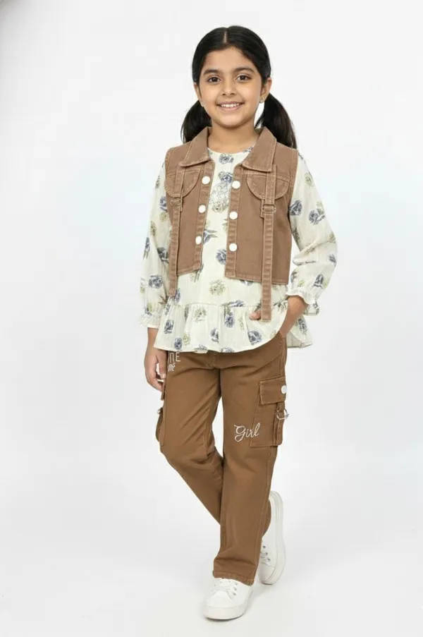 Brown_Green_Vest_Pant_And_Printed_Top_Set_For_Kids_Girl