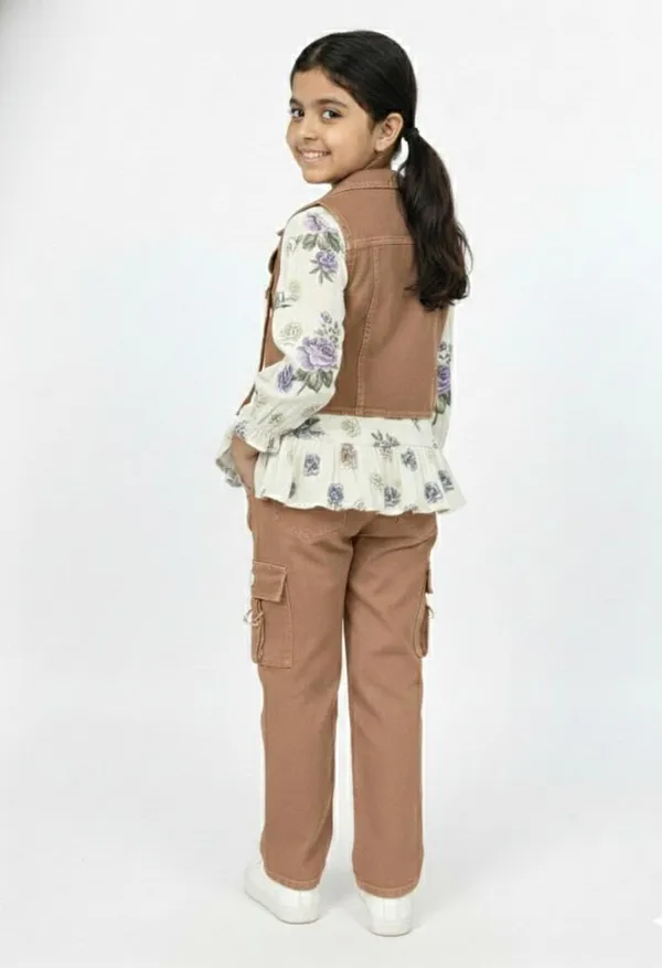 Brown_Green_Vest_Pant_And_Printed_Top_Set_For_Kids_Girl