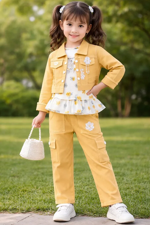 Camel_Jacket_And_Pant_Set_With_Printed_Top_For_Kids_Girl