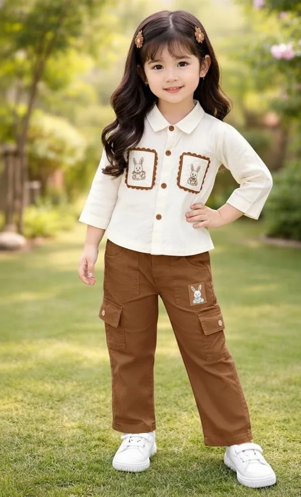 Cream_Top_And_Light_Brown_Pant_Set_For_Kids_Girl