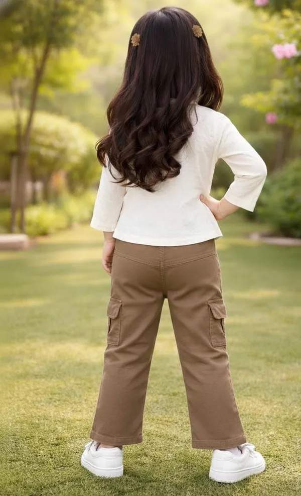Cream_Top_And_Light_Brown_Pant_Set_For_Kids_Girl
