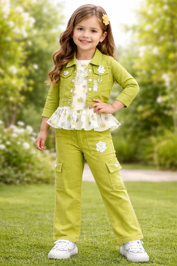 Green_Jacket_And_Pant_Set_With_Printed_Top_For_Kids_Girl