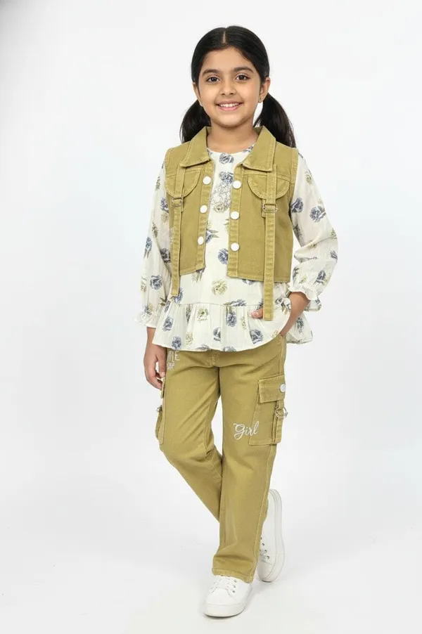 Olive_Green_Vest_Pant_And_Printed_Top_Set_For_Kids_Girl