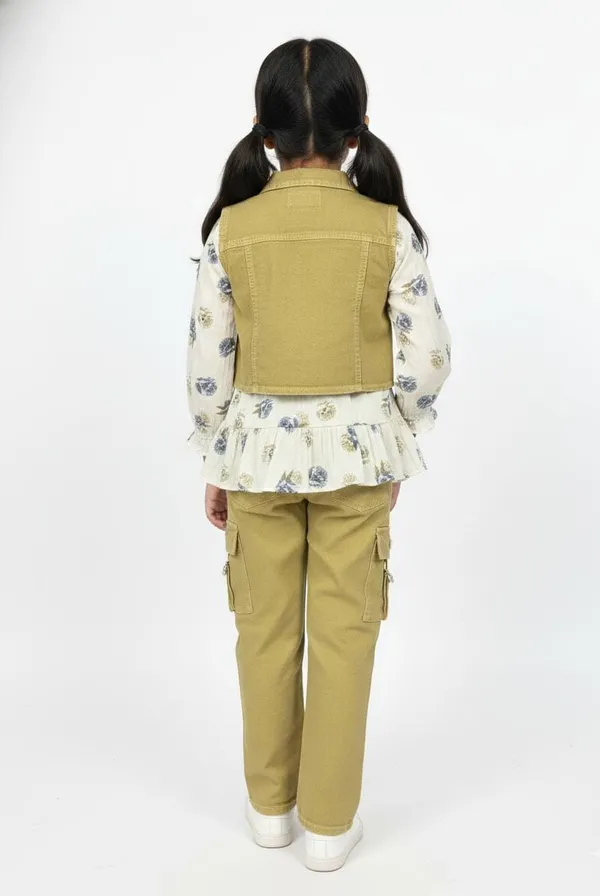 Olive_Green_Vest_Pant_And_Printed_Top_Set_For_Kids_Girl