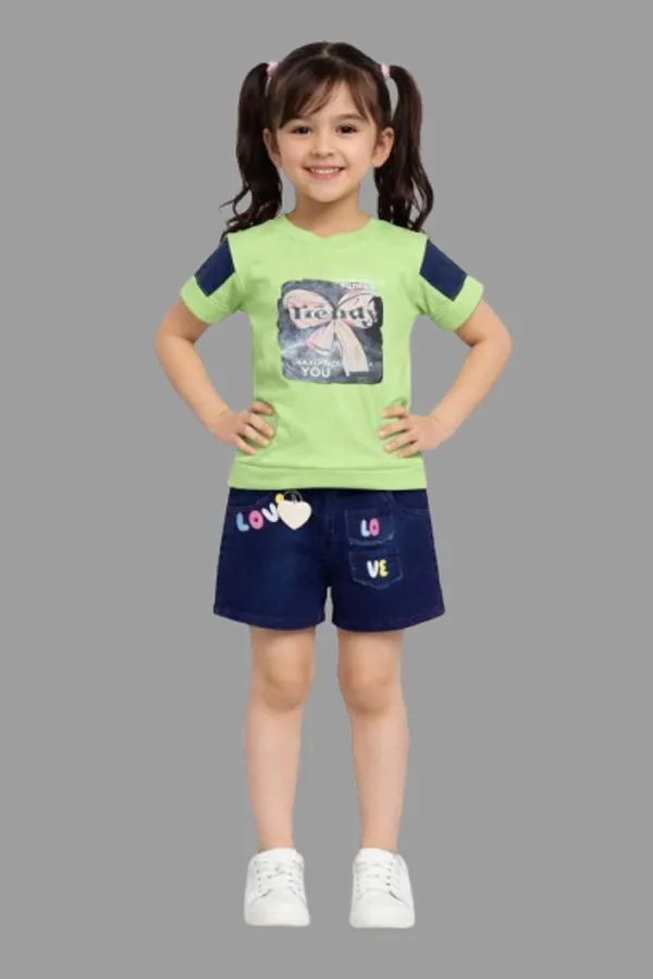Lime_Green_Fresh_Mint_Bow_Print_Top_With_Denim_Shorts_Set_For_Kids_Girl