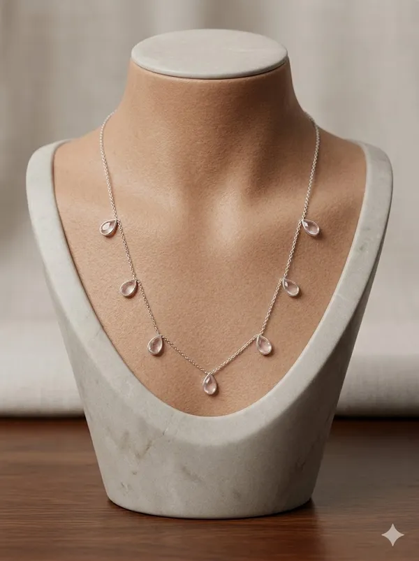 925_Silver_Jewellery_Pink_Rose_Quartz_Crystal_Drop_Necklace_For_Women