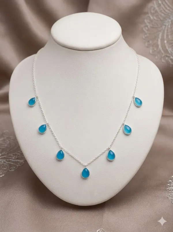 925_Silver_Jewellery_Blue_Calcidonia_Teardrop_Silver_Chain_Charm_Necklace_For_Women