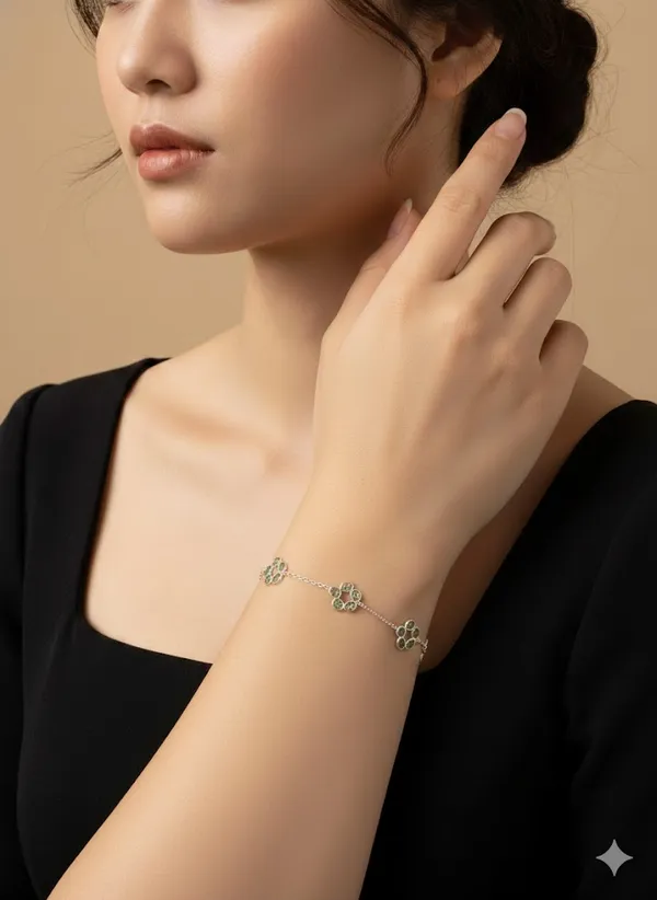 925_Silver_Jewellery_Green_Peridot_Floral_Chain_Bracelet_For_Women